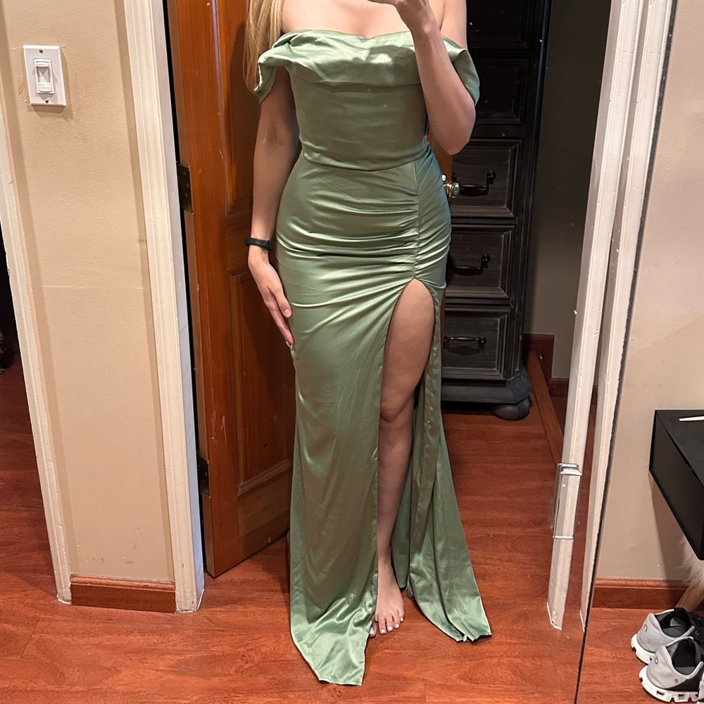 NWT MODAGLAM- NATALIA OFF-THE-SHOULDER GOWN- SAGE